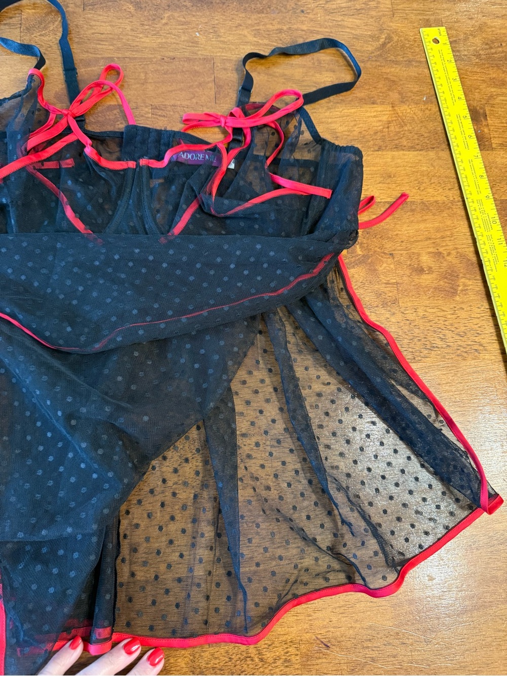Adore Me Noemi Babydoll Lingerie Top Sz 3X Black Sheer Mesh Red Bows - Picture 5 of 10